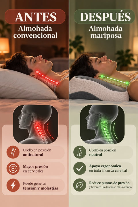Comparación visual de postura con almohada convencional y almohada mariposa